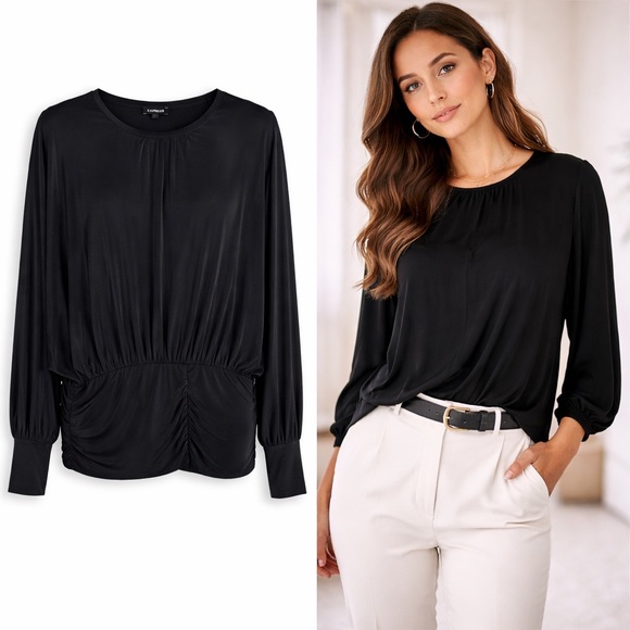 Express Tops - NWOT Express Black Ruched Waist Blouse Elegant Draped Top Size L